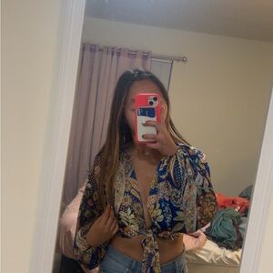 Paisley Tie-Front Blouse - Blue